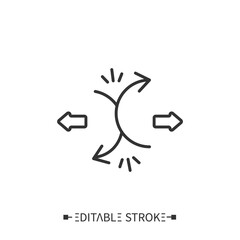 Negative synergy icon. Opposite pointing arrows, overlapping workflows. Outline drawing. Reduction of effectivity and income concept. Isolated vector illustrations. Editable stroke 