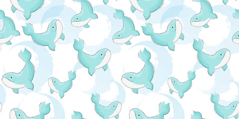 Seamless background with cute whale. Children's illustration. Vector.