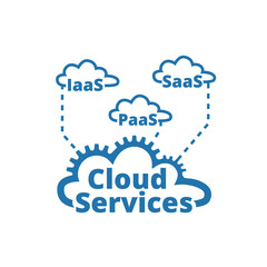 Cloud services logo, icon. SaaS, PaaS, IaaS. Technology, packaged software, decentralized application, cloud computing. Gear wheels. Vector illustration.