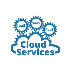 Cloud services logo, icon. SaaS, PaaS, IaaS. Technology, packaged software, decentralized application, cloud computing. Gear wheels. Vector illustration.