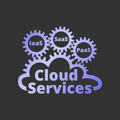 Cloud services logo, icon. SaaS, PaaS, IaaS. Technology, packaged software, decentralized application, cloud computing. Gear wheels. Vector illustration.