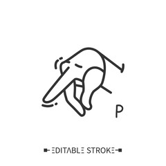  Hand gesture showing P letter line icon. Fingerspelling American language. Sign alphabet for deaf-mutes. Communication for disabled people. Mudra. Isolated vector illustration. Editable stroke 