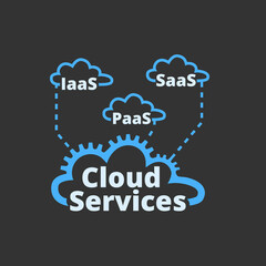 Cloud services logo, icon. SaaS, PaaS, IaaS. Technology, packaged software, decentralized application, cloud computing. Gear wheels. Vector illustration.