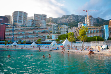 Monaco-Montecarlo, wonderful city of the cote-d‚ÄôAzur with its marine and architectures, Larvotto Beach,  in a sunny day with blue sky