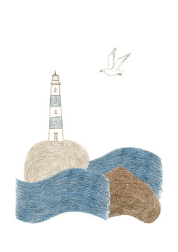 A mixed picture with a tiny cute white and blue ligthouse on a weather-beaten rock in a mid-sea with a huge waves and black-headed gull in the sky. Color pencil collage