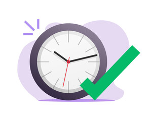 Right time to act vector icon concept, idea of success clock time management, correct moment for action, completed or started timer stopwatch, accurate target count meter with check mark tick modern