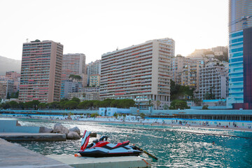 Obraz premium Monaco-Montecarlo, wonderful city of the cote-d‚ÄôAzur with its marine and architectures, Larvotto Beach, in a sunny day with blue sky