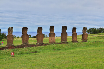 Rapa Nui. The statue Moai in Ahu Akivi on Easter Island, Chile