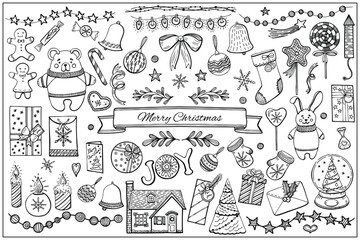Merry Christmas in hand draw doodle style set. Winter and New Year black outline illustration. Modern design elements for holiday greeting banner, card, gift tag, poster, postcard, label, sticker