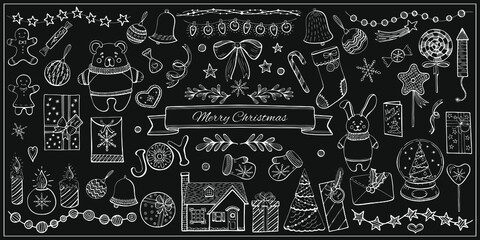 Merry Christmas in hand draw doodle style set. Winter and New Year black outline illustration. Modern design elements for holiday greeting banner, card, gift tag, poster, postcard, label, sticker