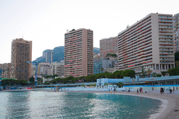 Obraz na płótnie Canvas Monaco-Montecarlo, wonderful city of the cote-d‚ÄôAzur with its marine and architectures, in Larvotto beach, in a sunny day with blue sky