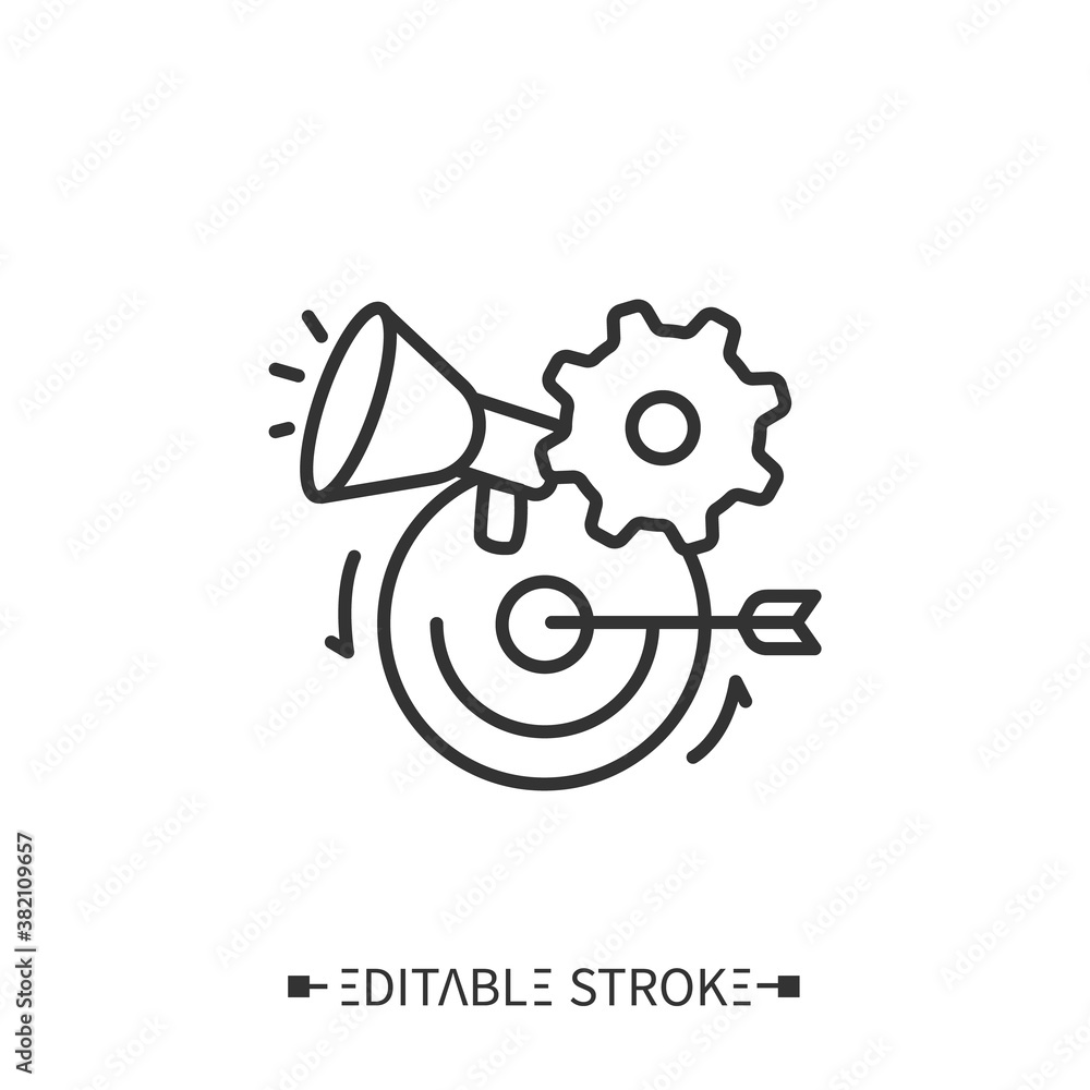 Poster marketing synergy icon. speaker, circular arrows, cogwheel and arrow with target depict work process
