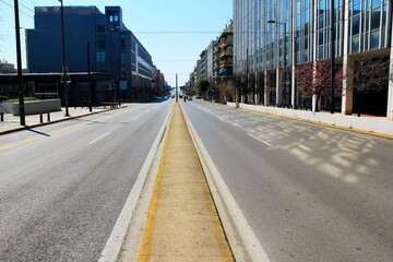 Empty road in Athens, Greece, March 21 2020.