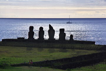 Rapa Nui, sunset. The statue Moai in Ahu Tahai on Easter Island, Chile