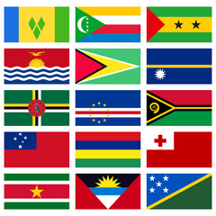 World flags set. 15 detailed flags of countries with a population of about a million or less. Vector illustration.
