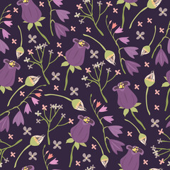 floral pattern with flower bell, purple color. meadow and garden chamomile flowers. forget-me-not. plant the background