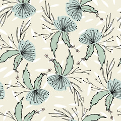 Floral vector seamless pattern with  flowers, berries, leaves and twigs. Beautiful hand drawn bouquets in pastel colors in vintage style.