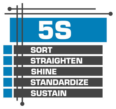 Five S - Sort Straighten Shine Standardize Sustain Blue Grey Boxes Top Bottom Squares 