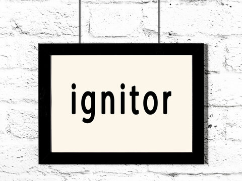 Black frame hanging on white brick wall with inscription ignitor