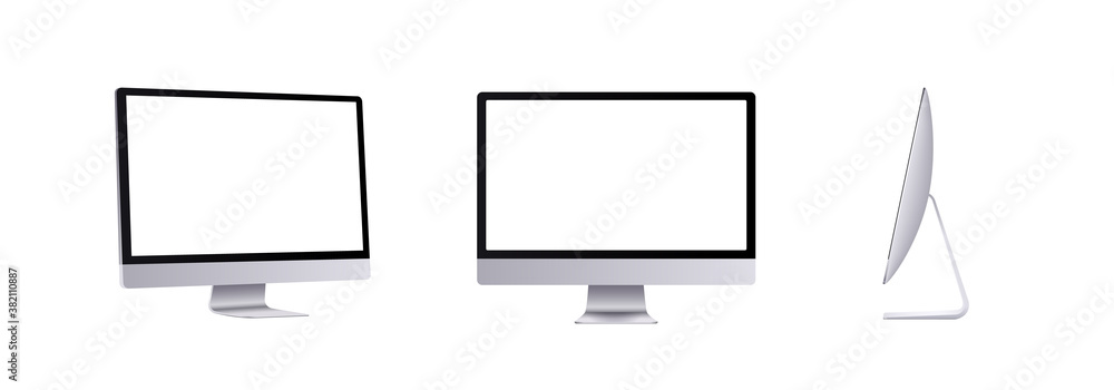 Poster realistic computer mockup in front, side and angle view isolated on white background. 3d silver mode