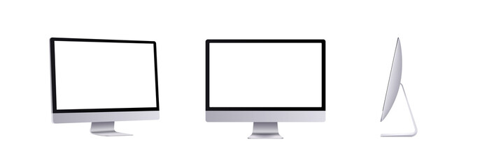Realistic computer mockup in front, side and angle view isolated on white background. 3D Silver modern flat monitor for business presentation or website design show. Blank screen device set template.