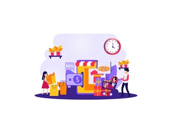 Fototapeta premium shop at the mall using a trolley with your closest friends. Vector illustration