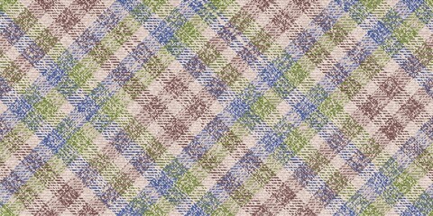 Fototapeta premium ragged old light seamless diagonal pattern of blue and green colors on soft brown background tartan ornament for textile texture with lost threads