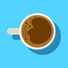 A vector illustration of a cup with coffee on blue background, coffee flat design vector.