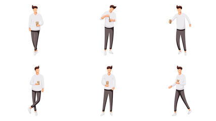 Collection of young man holding coffee cup. Coffee time scene. Character set flat design.