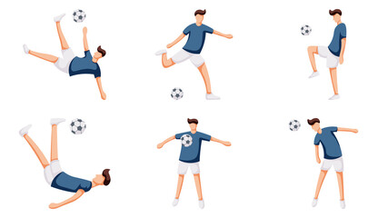 Collection of man playing soccer. Soccer technique and skill. Ball control, kick, heading, bicycle kick, and juggle. Character set flat design.