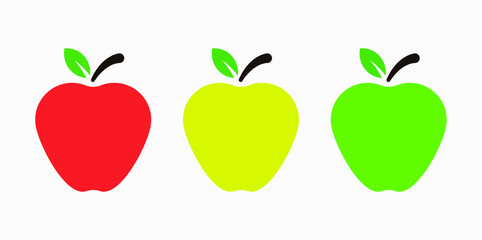 Simple vector illustration of an apple with a leaf on white background, Three colorful apples isolated background. Red, yellow, and green apple icons.