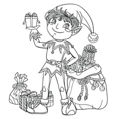Cartoon elf with gifts coloring page. Christmas illustration with santa helper and big gift bag. Vector line art with doodle and zentangle elements for coloring book for adult, print, card, design.
