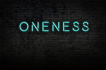 Neon sign. Word oneness against brick wall. Night view