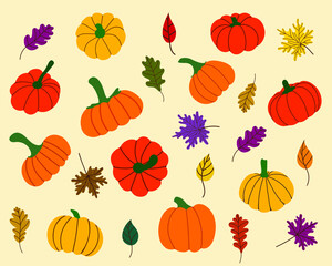 Autumn set with pumpkins and fallen leaves for Thanksgiving, Halloween. Design for stickers, postcards, packages, etc. Hand drawn vector