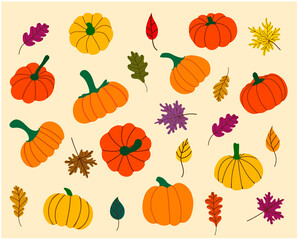 Autumn set with pumpkins and fallen leaves for Thanksgiving, Halloween. Design for stickers, postcards, packages, etc. Hand drawn vector