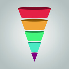 Vector illustration of five step colorful funnel diagram on gray background.
