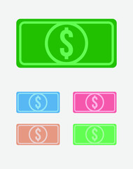 Vector illustration of five American dollar banknotes in various colors on light gray background. Colorful USD bills vector icon.