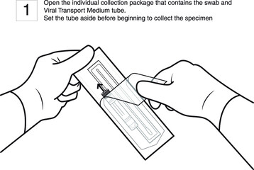 Open the individual collection package that contains the swab and Viral Transport Medium tube. Step 1. line drawing