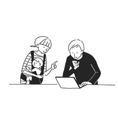 パソコンをしているお父さんと、赤ちゃんを抱っこしているお母さん（白背景、線画）
