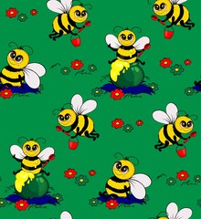 Funny bees collect nectar. Seamless pattern.