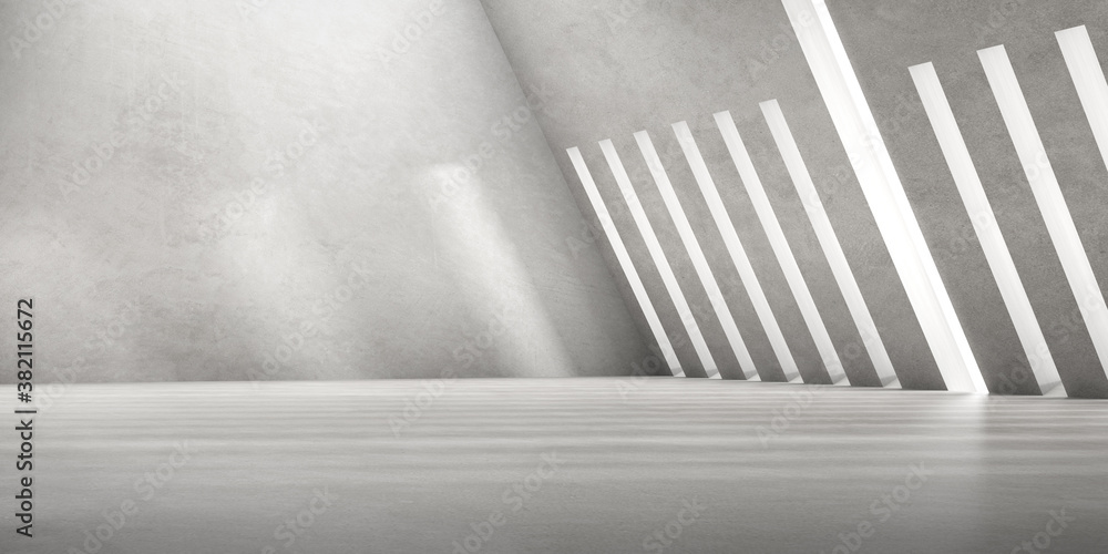 Poster 3d render of empty concrete room with shadow on the wall.