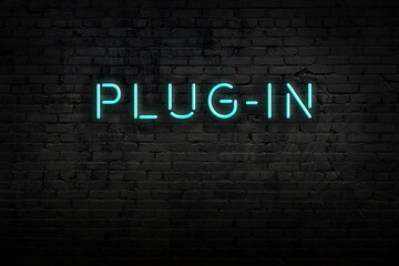 Night view of neon sign on brick wall with inscription plug-in
