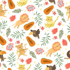vector seamless pattern with cute animals, tropical fruits and exotic plants