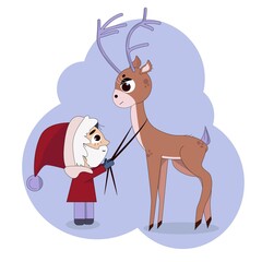 Santa Claus is holding a Christmas reindeer