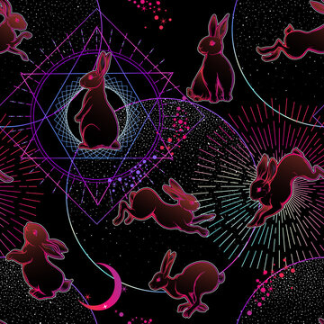 Seamless pattern with symbols of nocturne magic and mystical and sacred geometries in bright neon colors. Vector illustration.