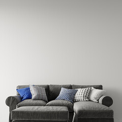 3d rendering of grey sofa with pillows. White wall on background. Mock up
