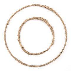 Two round frames made of linen rope string isolated on white background. Jute thread circles frames...
