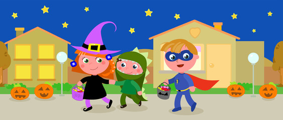 Children in Halloween costumes, witch, dinosaur and superhero, doing trick or treat. Seamless cartoon vector illustration