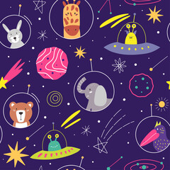 Space hand drawn color vector seamless pattern. Cosmos exploration. Space animal background. Vector  cartoon illustration.