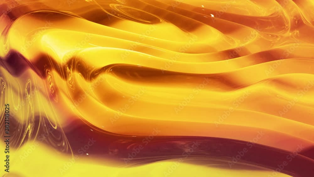 Poster looped abstract background with wavy sparkling golden liquid pattern on shiny glossy surface. viscou